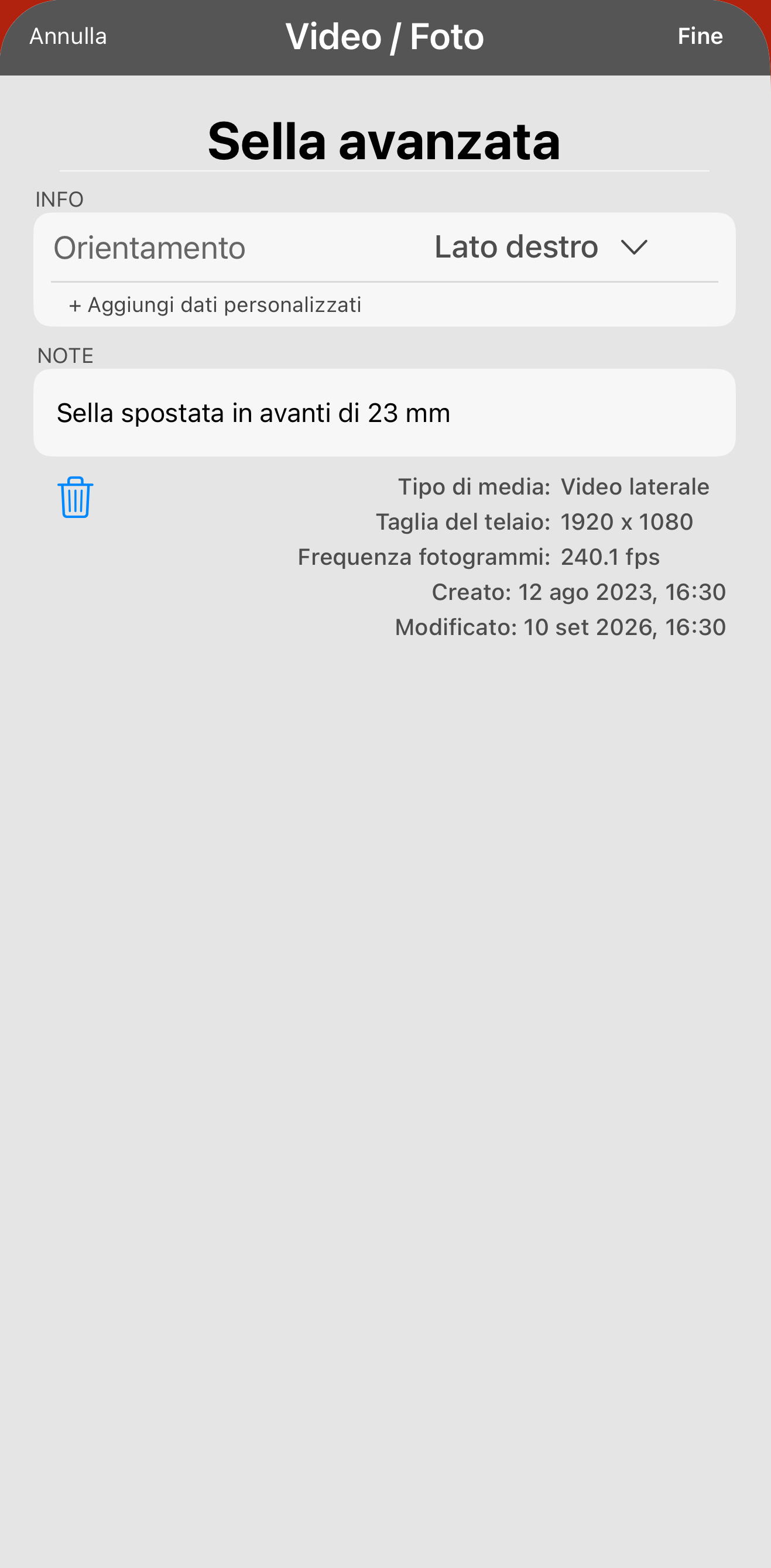 La registrazione rinominata Sella avanzata, con la modifica scritta nelle note. La prossima volta che apri questa sessione il numero è lì e non dipendi dalla memoria.