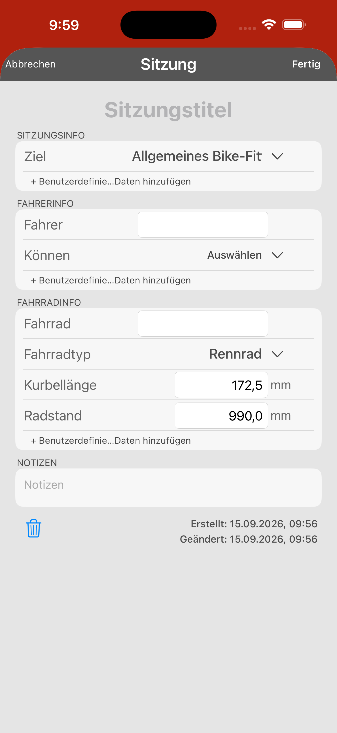 Das Formular mit den Sitzungsangaben. Die Kurbellänge steht unter FAHRRADINFO und ist auf 172,5 mm voreingestellt.