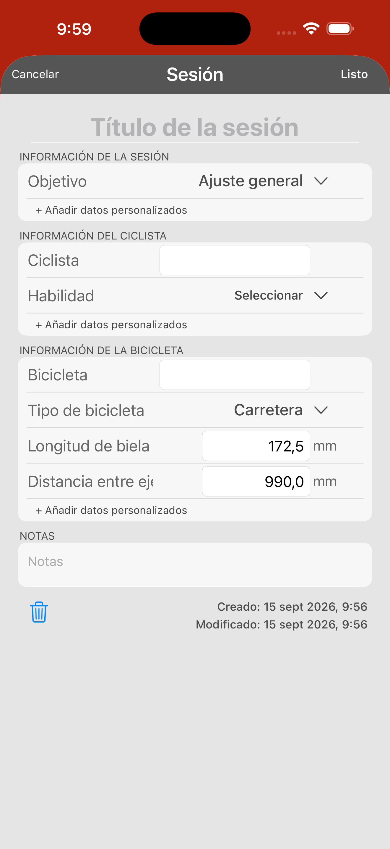 El formulario de información de la sesión. La longitud de biela está en INFORMACIÓN DE LA BICICLETA y viene por defecto en 172,5 mm.