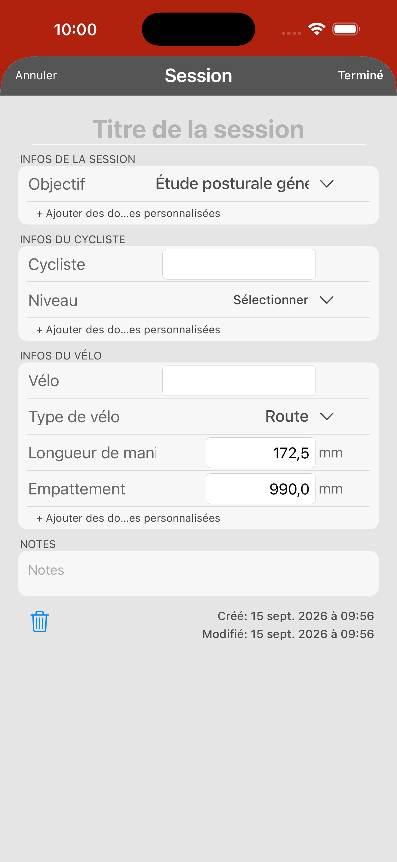 Le formulaire d'informations de la session. La longueur de manivelle se trouve dans INFOS DU VÉLO et vaut 172,5 mm par défaut.