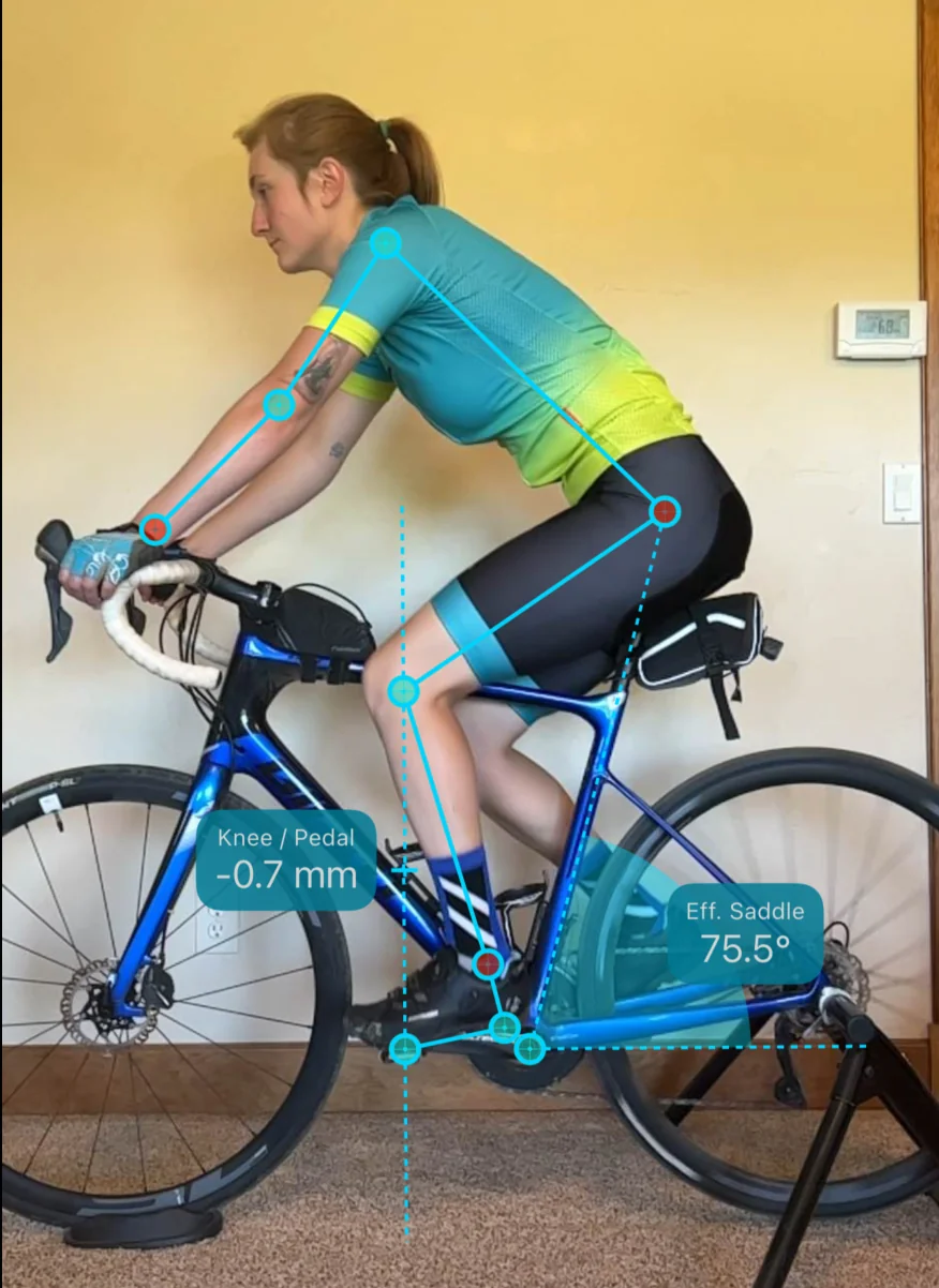 Saddle fore/aft movement is gauged from knee-over-pedal and hip angle.