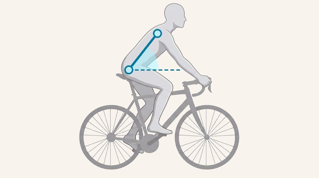 A cyclist on a road bike in the upright position: torso close to vertical, hands high on the bar tops, head up. A teal line marks the torso angle from hip to shoulder.