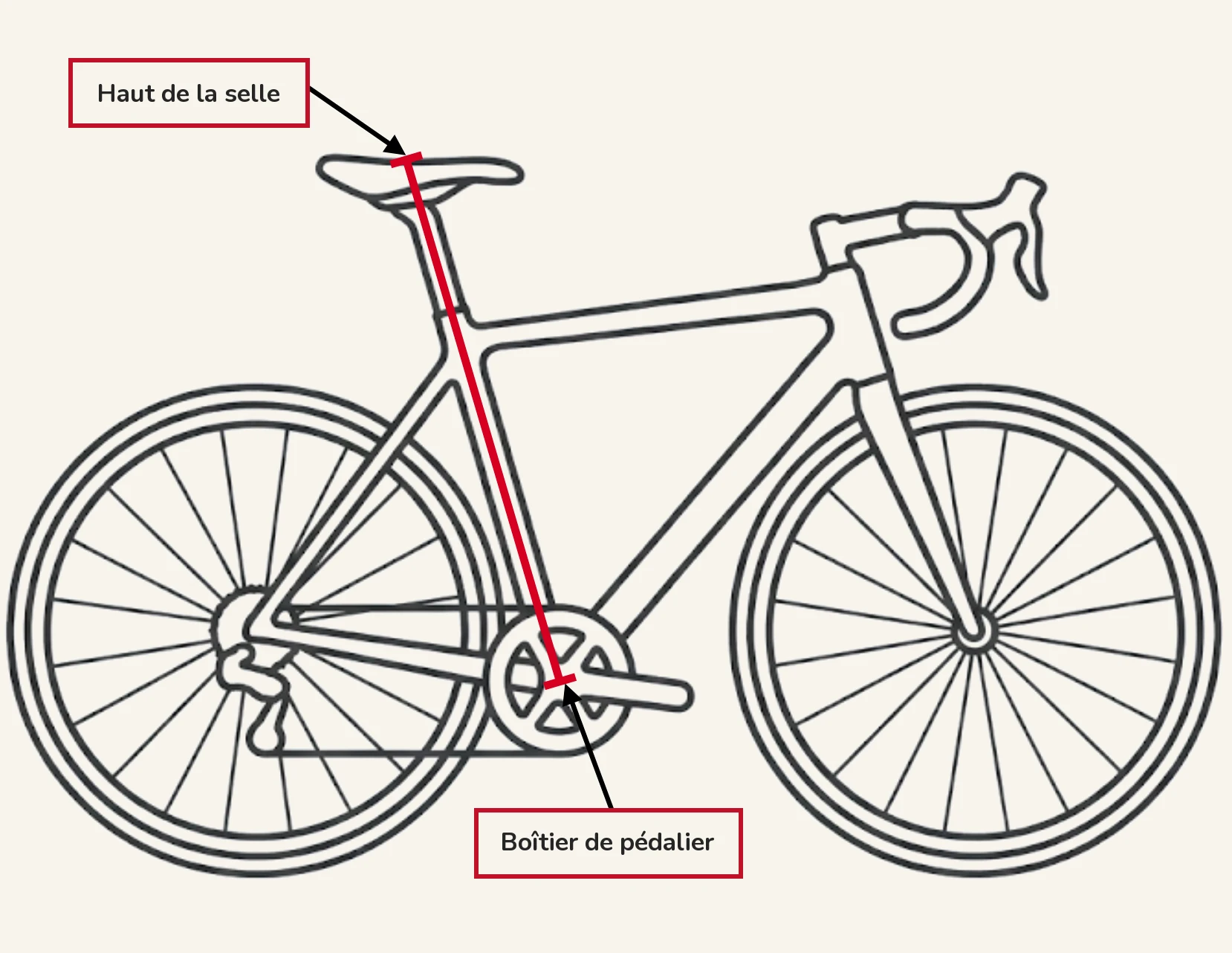 Un dessin au trait de profil d'un vélo de route, avec une ligne rouge partant du centre du boîtier de pédalier et remontant le tube de selle jusqu'au sommet de la selle, montrant comment se mesure la hauteur de selle, avec l'étiquette « Haut de la selle » en haut et « boîtier de pédalier » en bas.